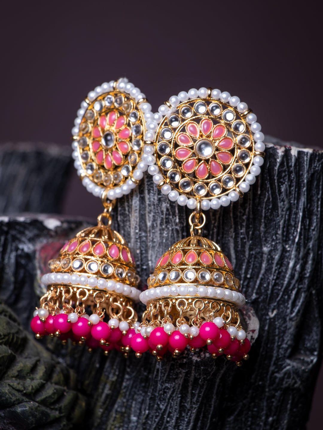 MORKANTH JEWELLERY Gold-Plated Pink Dome Shaped Jhumkas