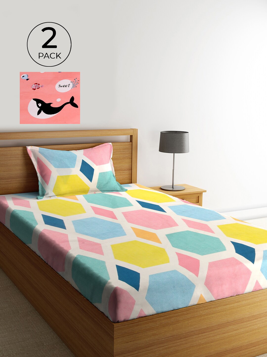 KLOTTHE White & Pink 210 TC Polycotton 2 Single Bedsheet with 2 Pillow Covers