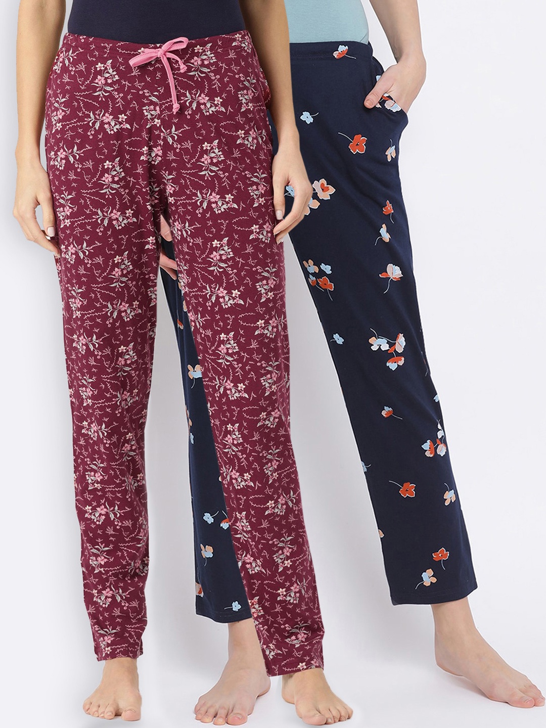 Kanvin Women Pack of 2 Floral Print Pure Cotton Lounge Pants, Navy blue
