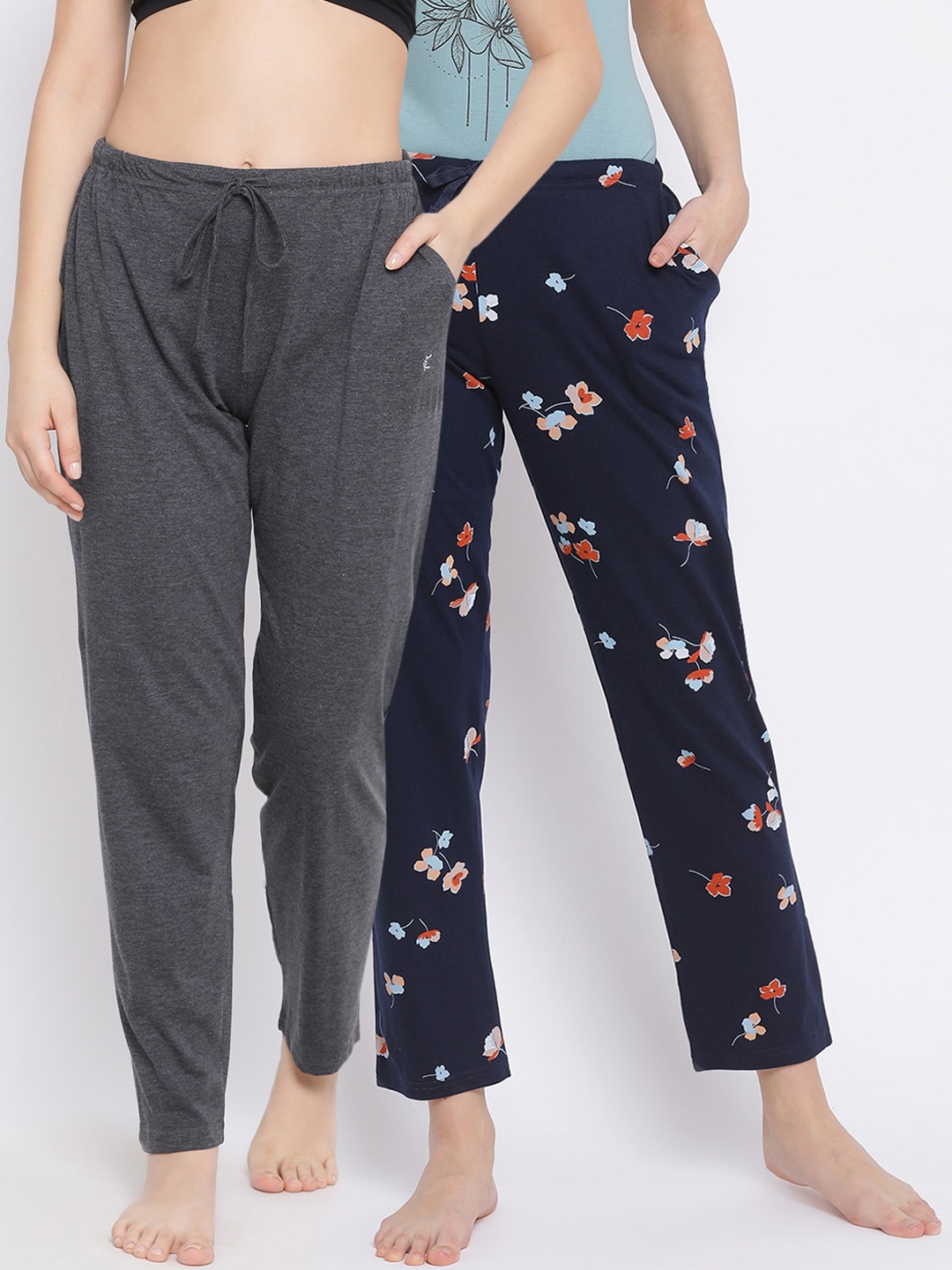 Kanvin Women Pack of 2 Pure Cotton Lounge Pants, Navy blue