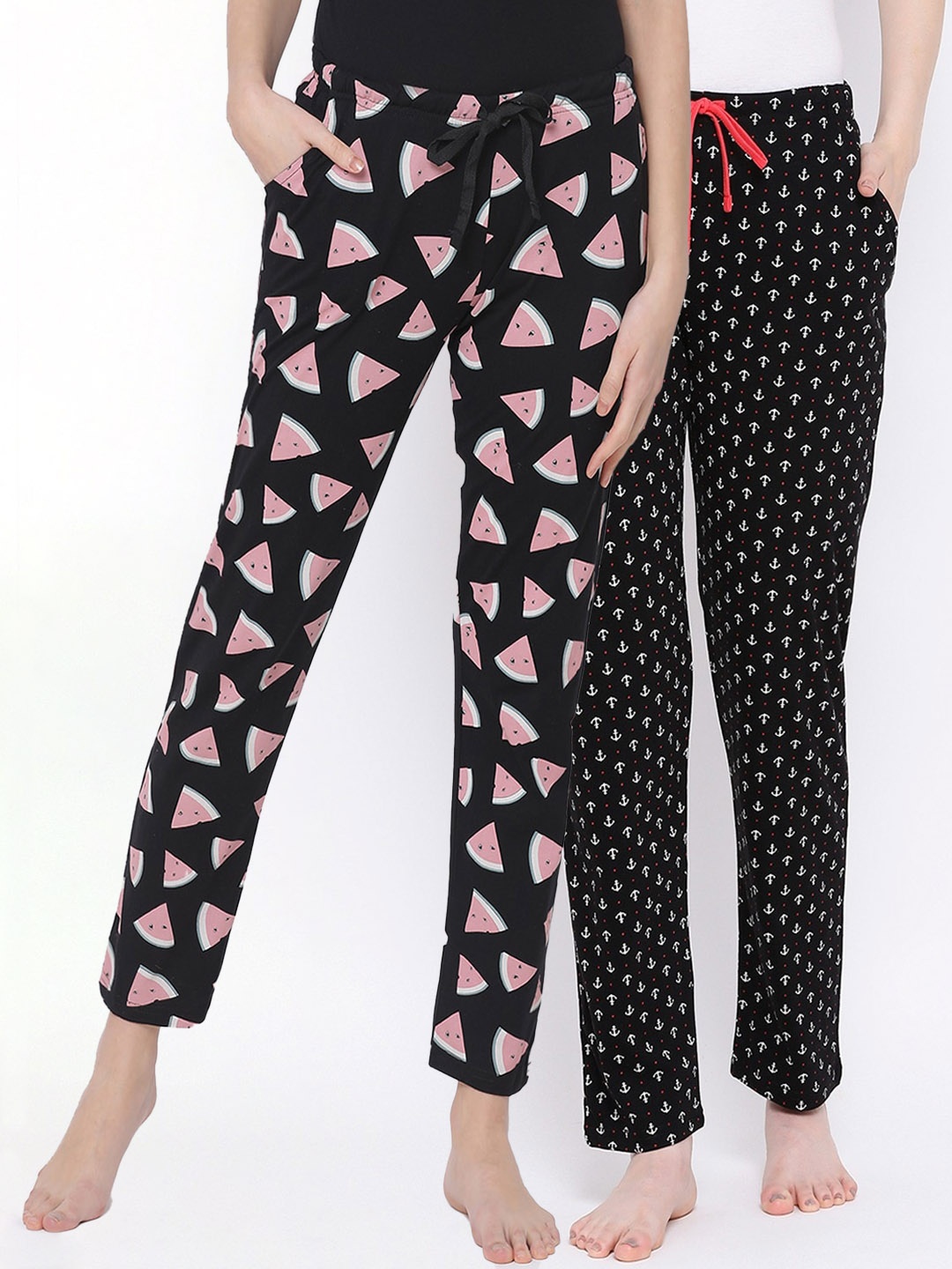 Kanvin Women Pack of 2 Printed Pure Cotton Lounge Pants, Black