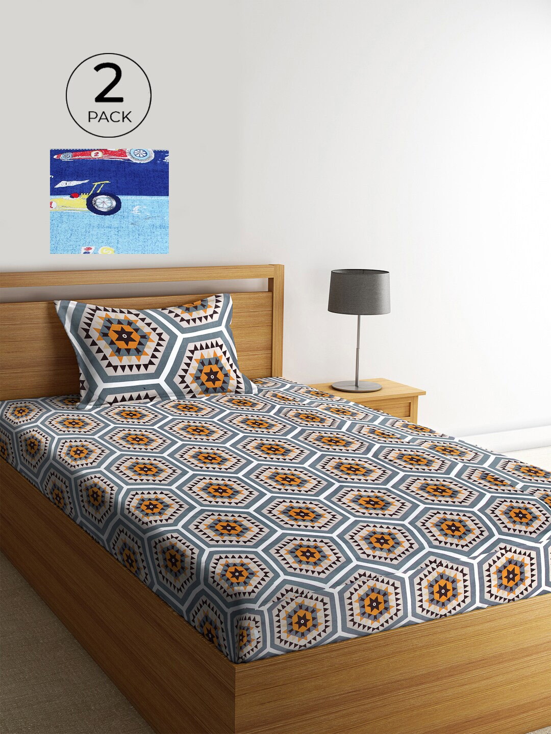 KLOTTHE Grey & Blue Geometric 210 TC Polycotton 2 Single Bedsheet with 2 Pillow Covers
KLOTTHE Grey & Blue Geometric 210 TC Polycotton 2 Single Bedsheet with 2 Pillow Covers