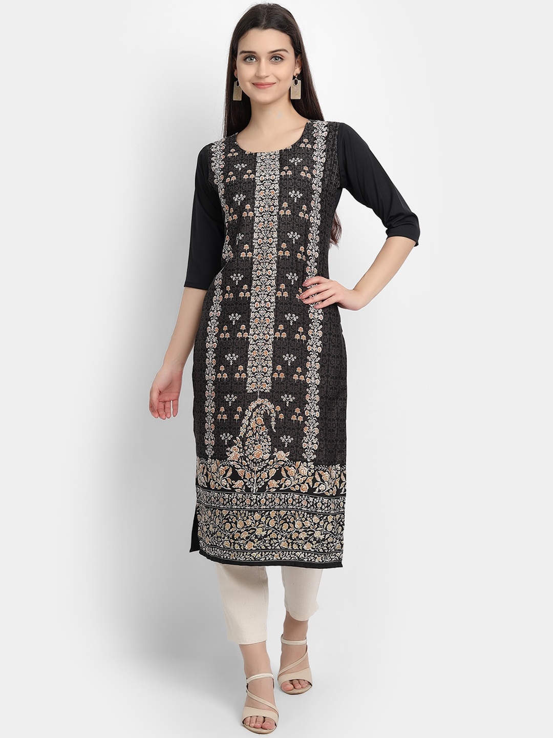 Ethnic basket Women Black Ethnic Motifs Printed Crepe Kurta