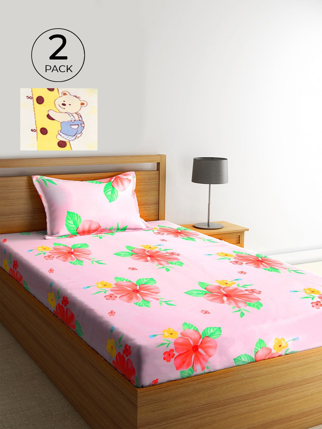KLOTTHE Floral Printed 2 Single Bedsheet with 2 Pillow Covers, Multi