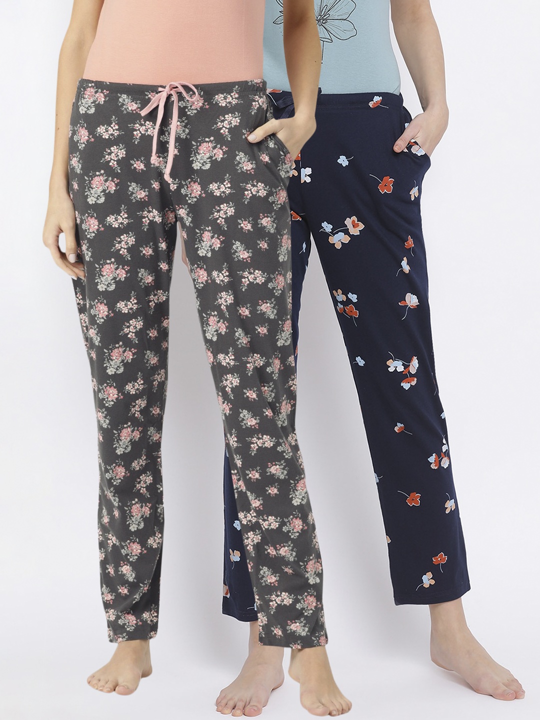 Kanvin Women Pack of 2 Floral Print Pure Cotton Lounge Pants, Navy blue