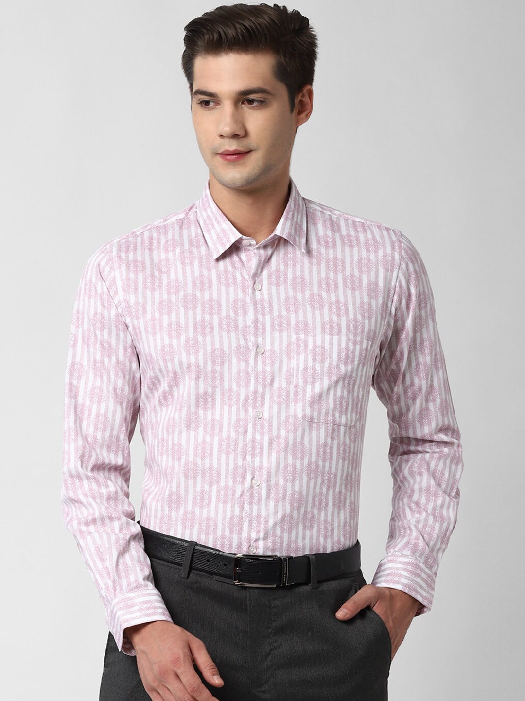 Peter England Men Pink & White Slim Fit Striped Formal Shirt