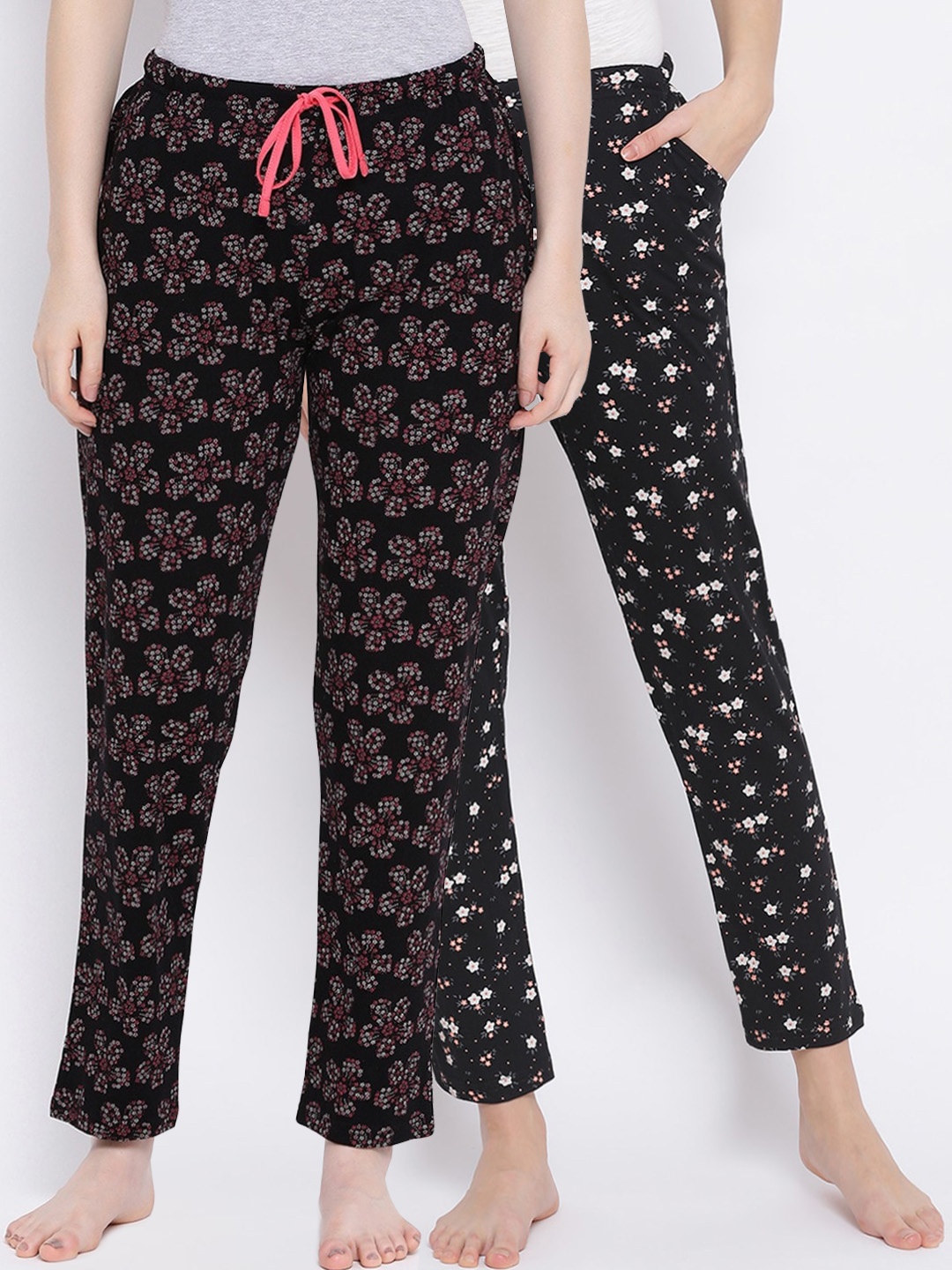 Kanvin Women Pack of 2 Floral Print Pure Cotton Lounge Pants, Black