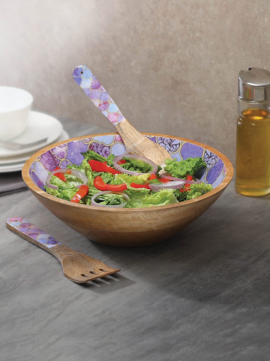 WOODSMYTHS Set Of 3 Purple & White Exotic Moroccan Decal Printed Salad Bowl With Spatula
WOODSMYTHS Set Of 3 Purple & White Exotic Moroccan Decal Printed Salad Bowl With Spatula