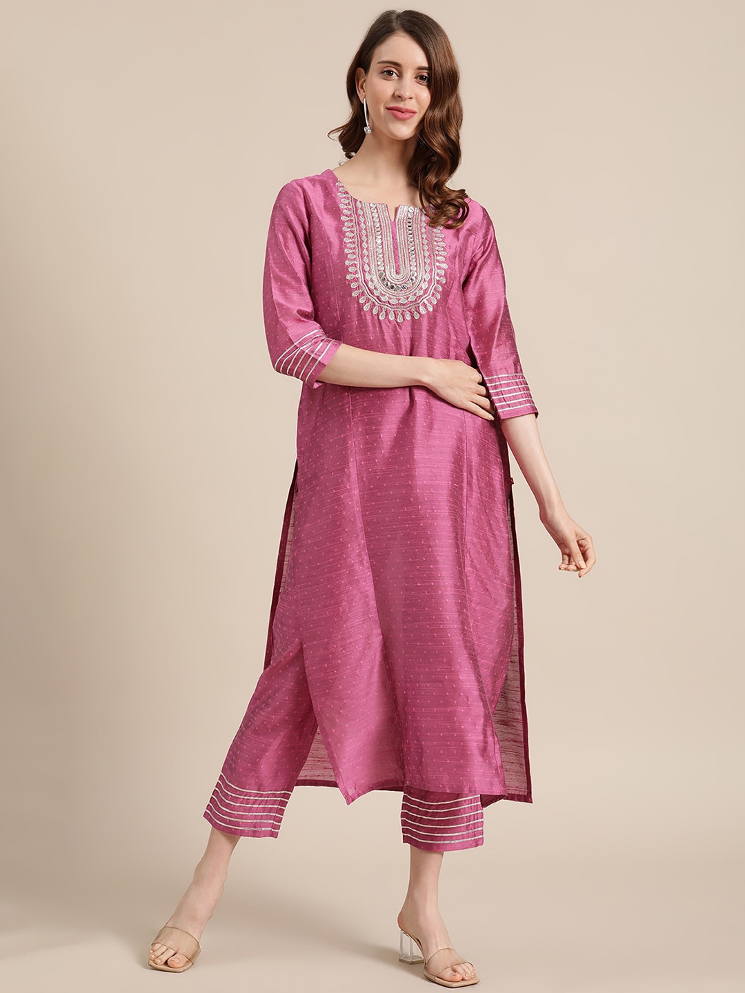 Varanga Women Pink Yoke Design Regular Straight Thread Work Kurta & Palazzos