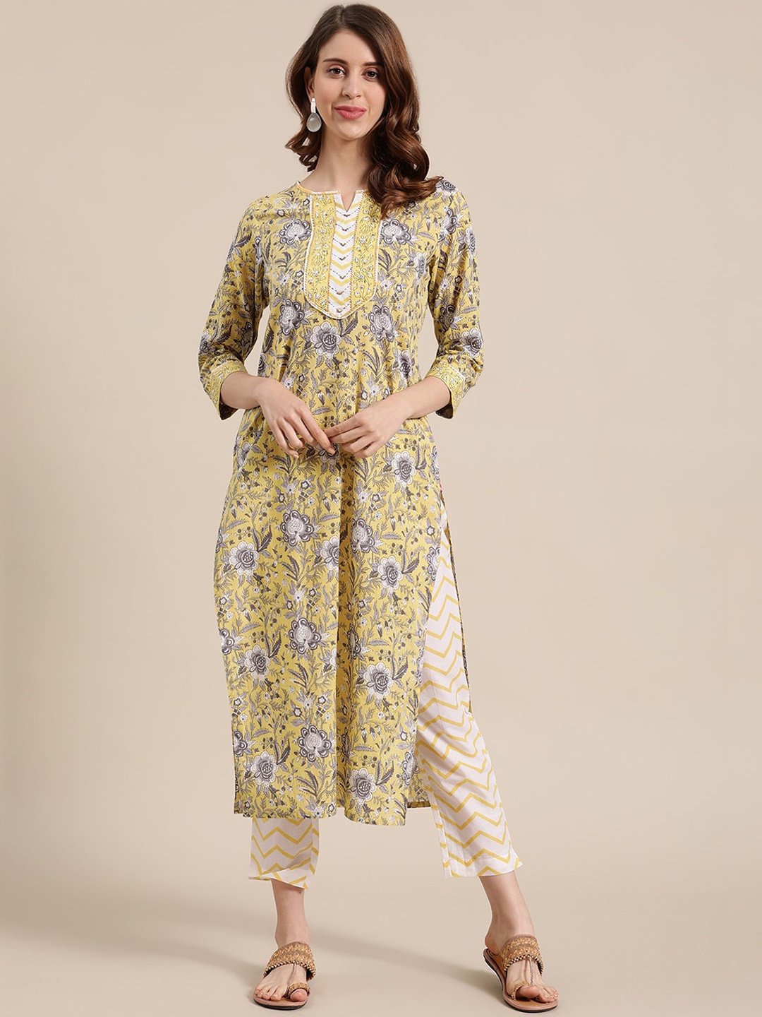 Varanga Women Yellow Floral Printed Pure Cotton Kurta with Trousers
