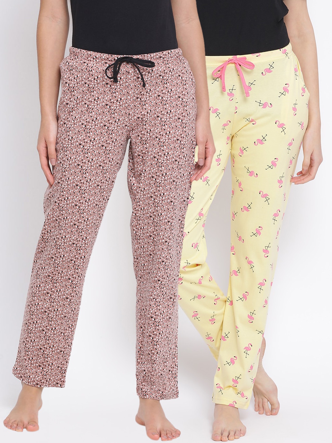 Kanvin Women Pack of 2 Printed Pure Cotton Lounge Pants, Yellow