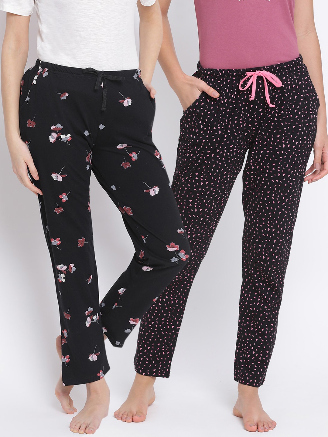 Kanvin Women Pack of 2 Printed Pure Cotton Lounge Pants, Black