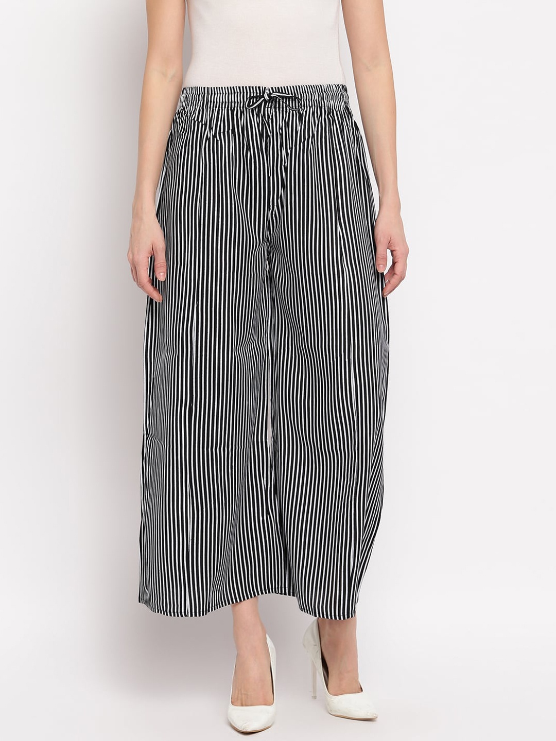Aawari Women Black & White Regular Fit Striped Wide Leg Palazzos