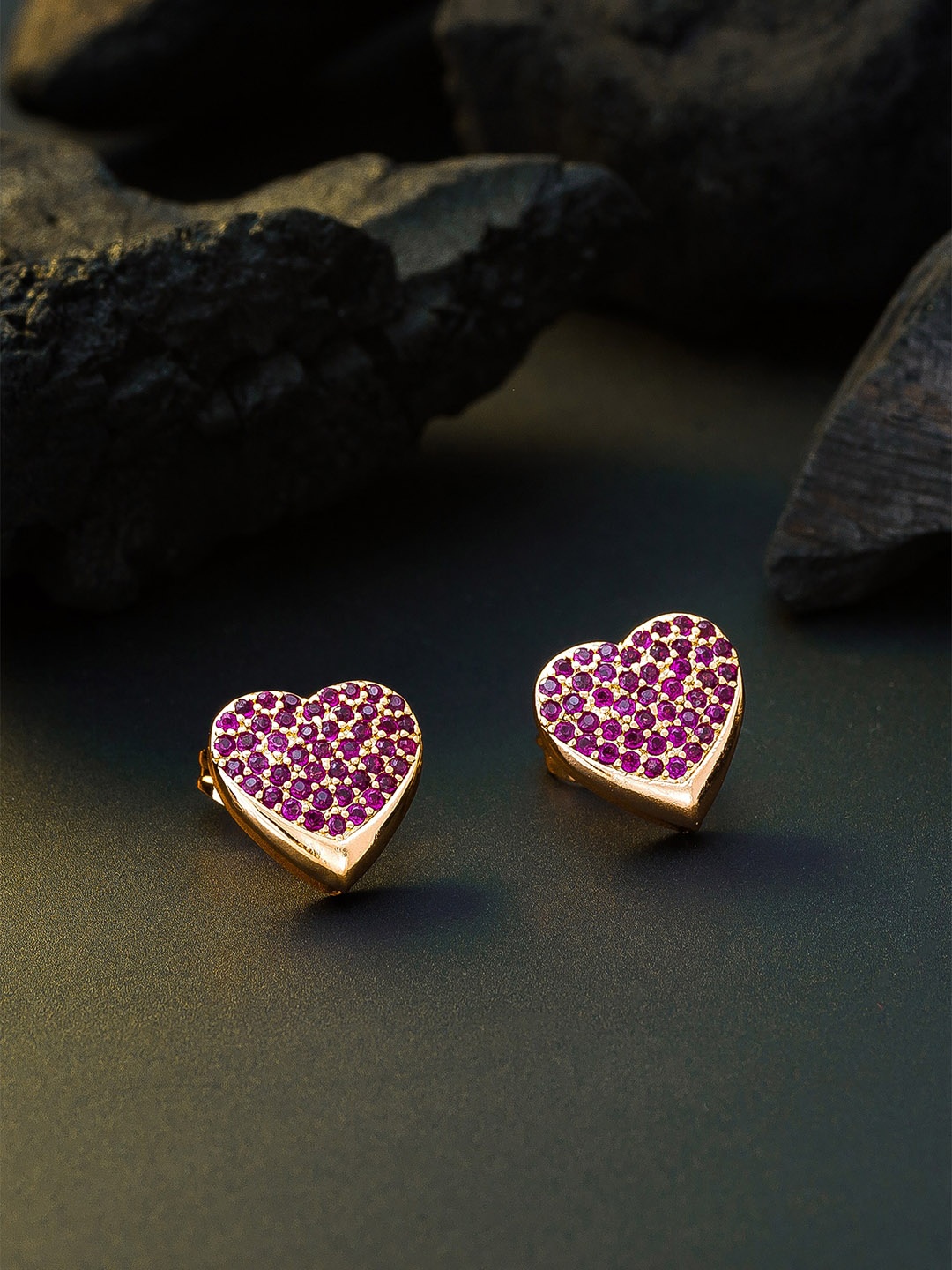 aadita Magenta Gold-Plated Handcrafted Heart-Shaped Studs