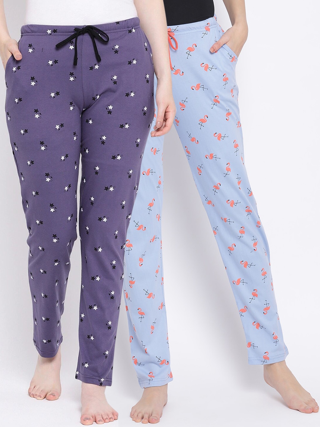Kanvin Women Pack of 2 Printed Pure Cotton Lounge Pants, Blue