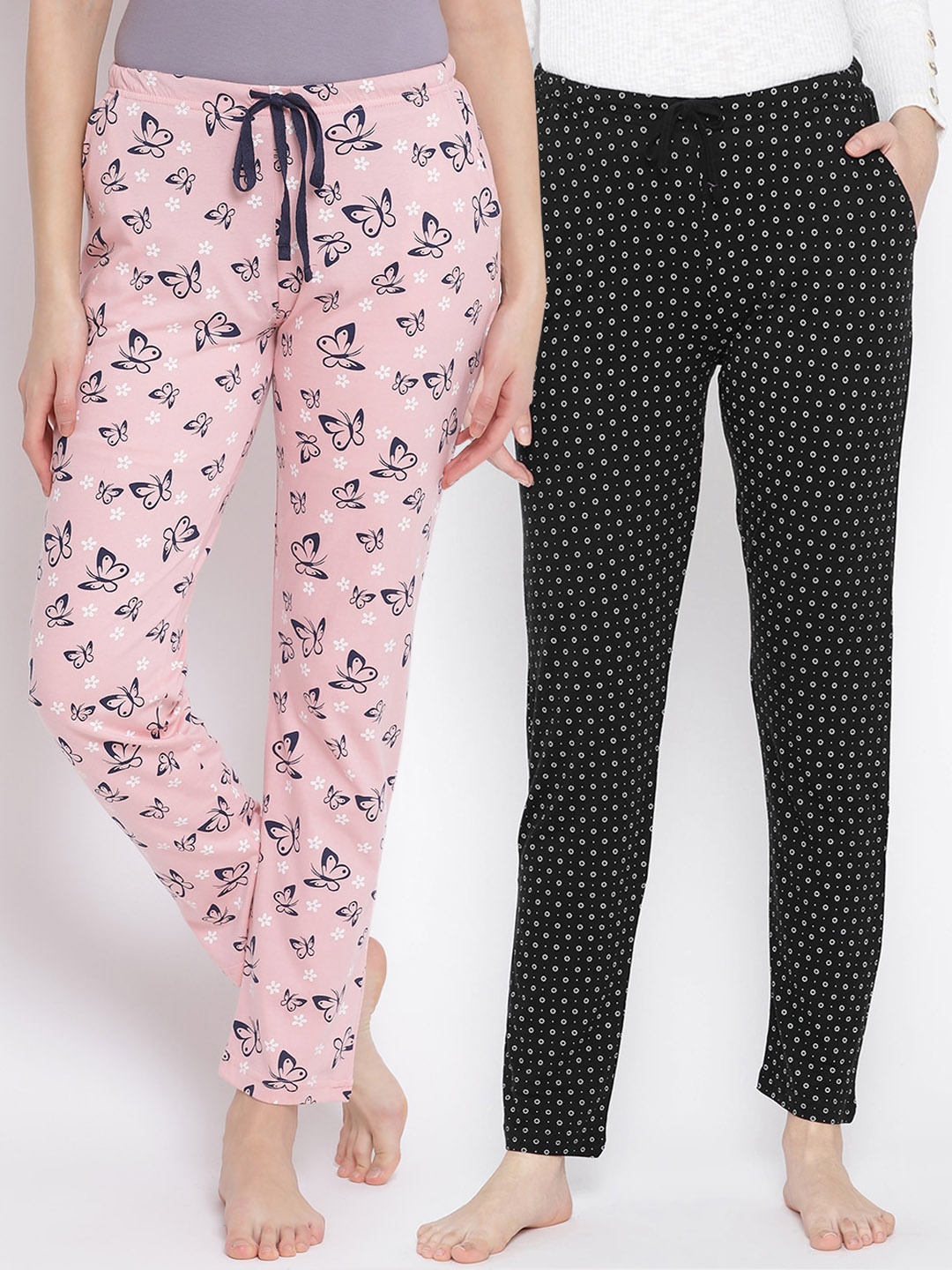 Kanvin Women Pack of 2 Printed Pure Cotton Lounge Pants, Pink