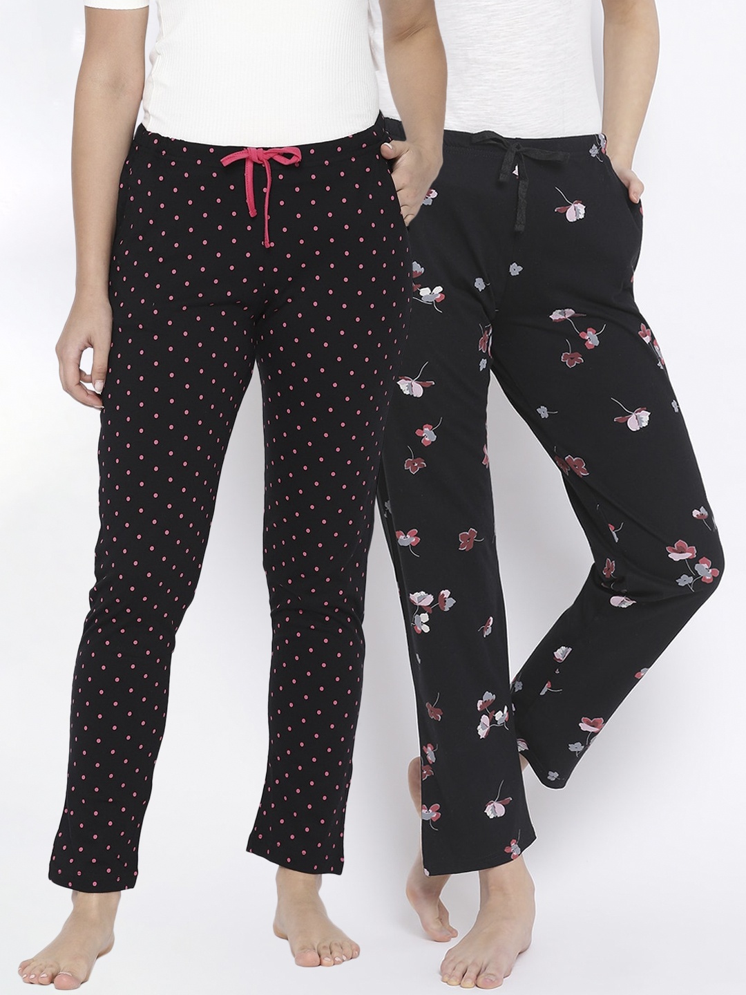 Kanvin Women Pack Of 2 Black Printed Cotton Crop Lounge Pants