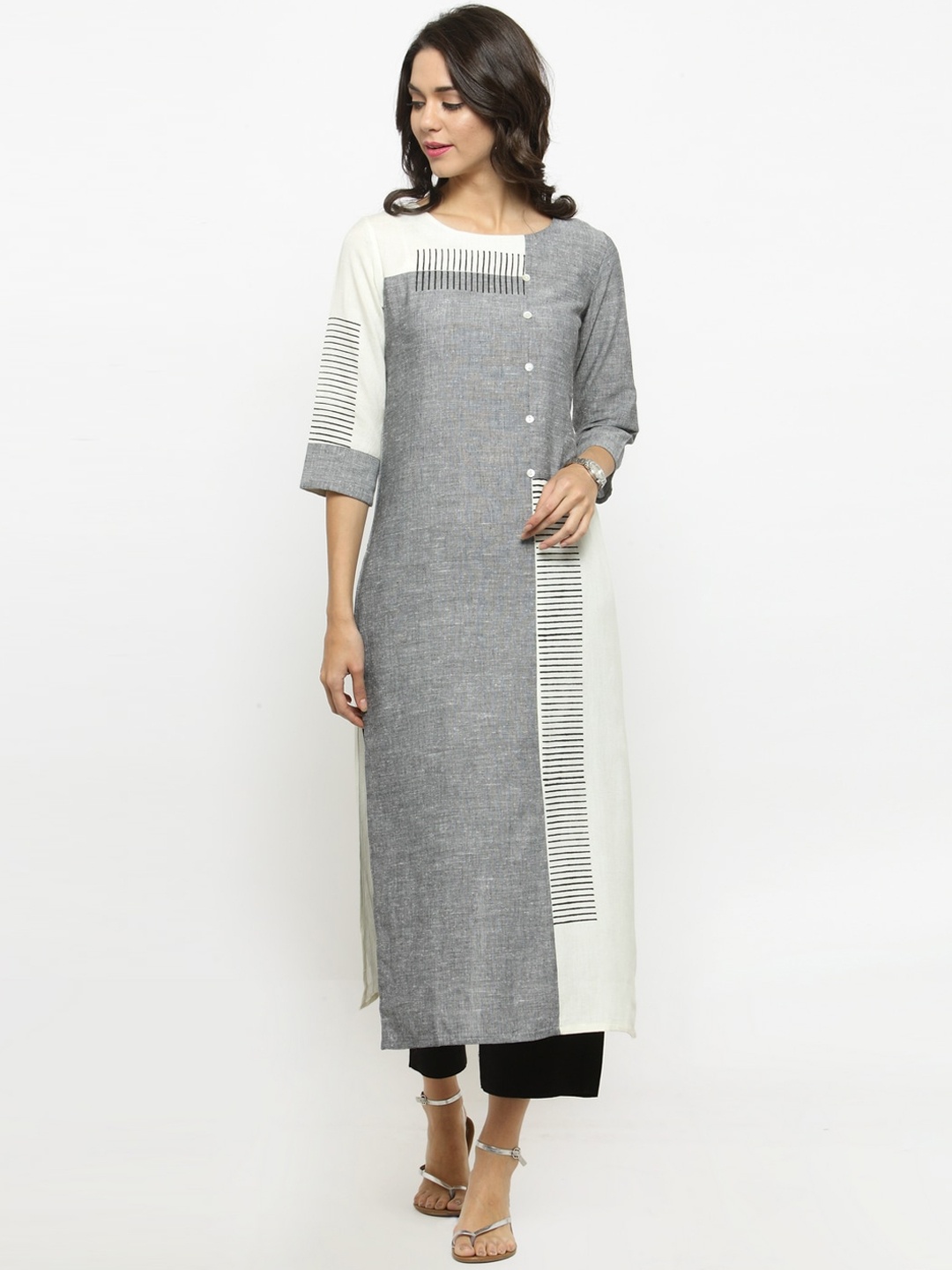Varanga Women Grey & White Geometric Kurta