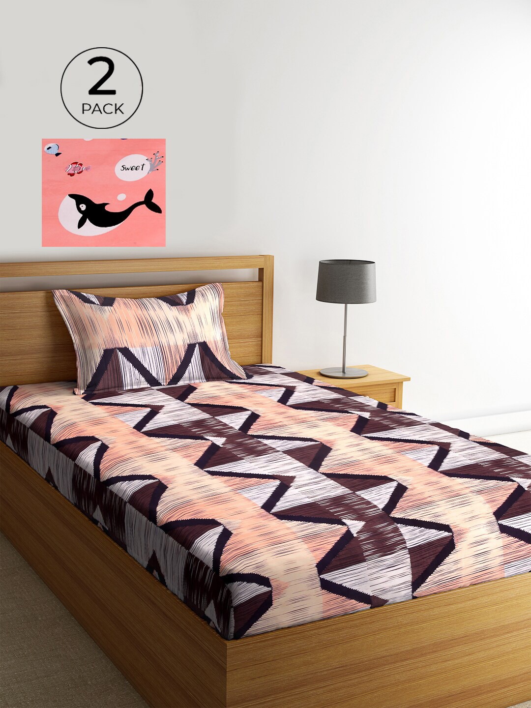 KLOTTHE Peach-Coloured & Brown Geometric 210 TC Polycotton 2 Single Bedsheet with 2 Pillow Covers
KLOTTHE Peach-Coloured & Brown Geometric 210 TC Polycotton 2 Single Bedsheet with 2 Pillow Covers