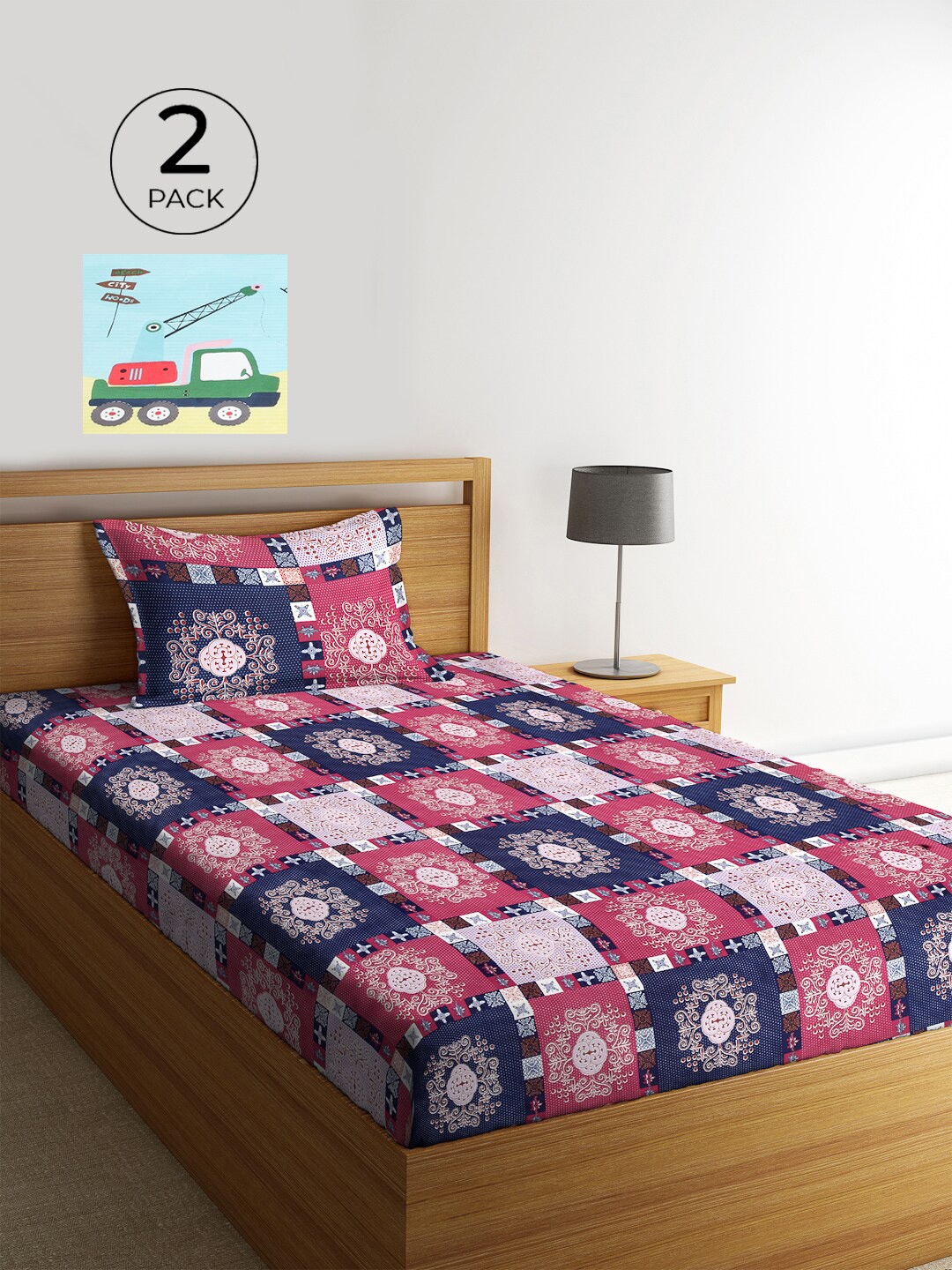 KLOTTHE Printed 2 Single Bedsheet with 2 Pillow Covers, Multi