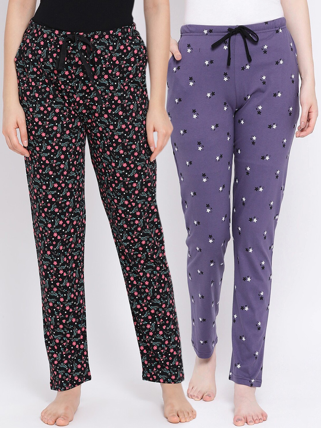Kanvin Women Pack of 2 Printed Pure Cotton Lounge Pants, Black