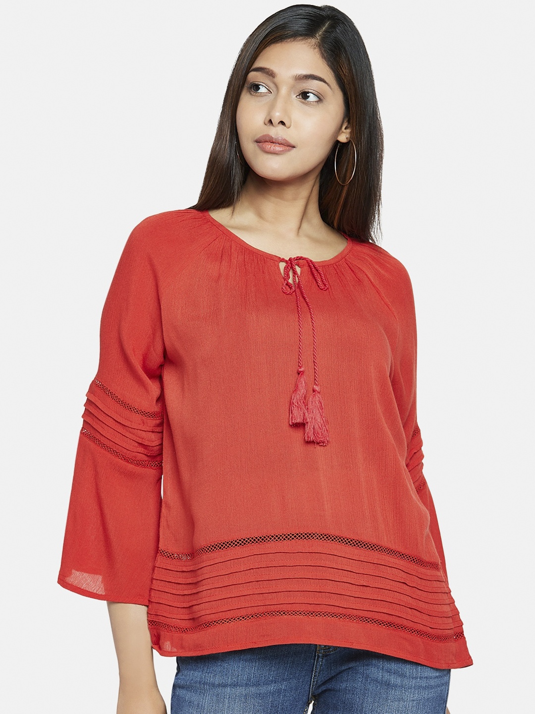 People Orange Tie-Up Neck Regular Top