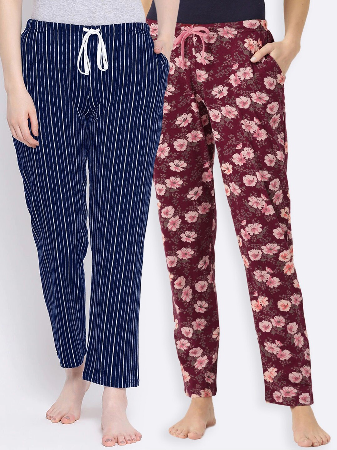 Kanvin Women Pack of 2 Printed Pure Cotton Lounge Pants, Navy blue