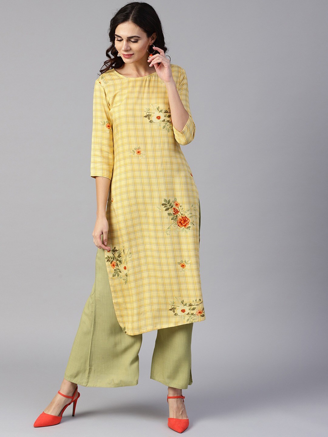 Yufta Women Yellow Printed Regular A-Line Kurta & Palazzos
