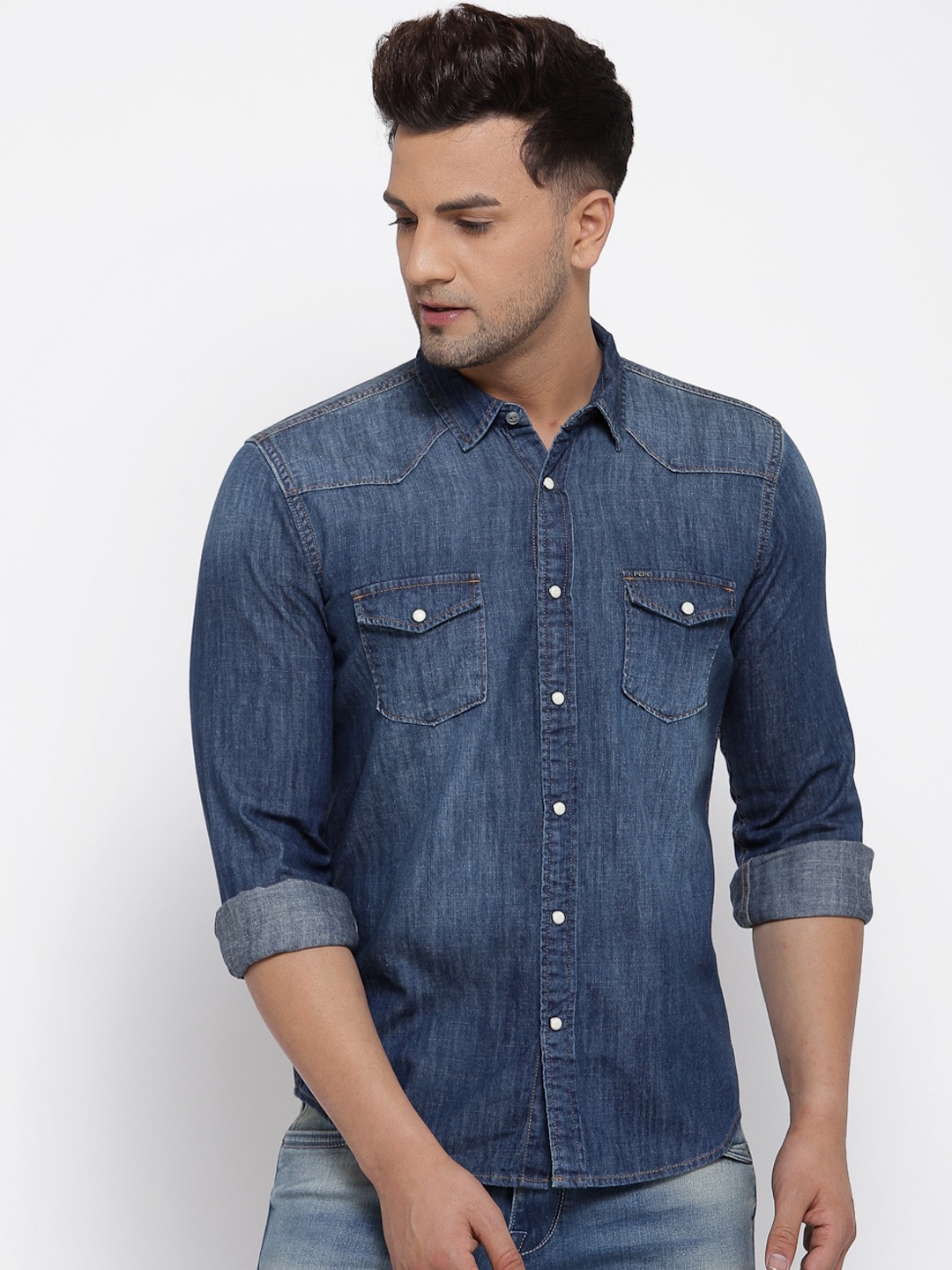 Pepe Jeans Men Blue Faded Denim Pure Cotton Casual Shirt