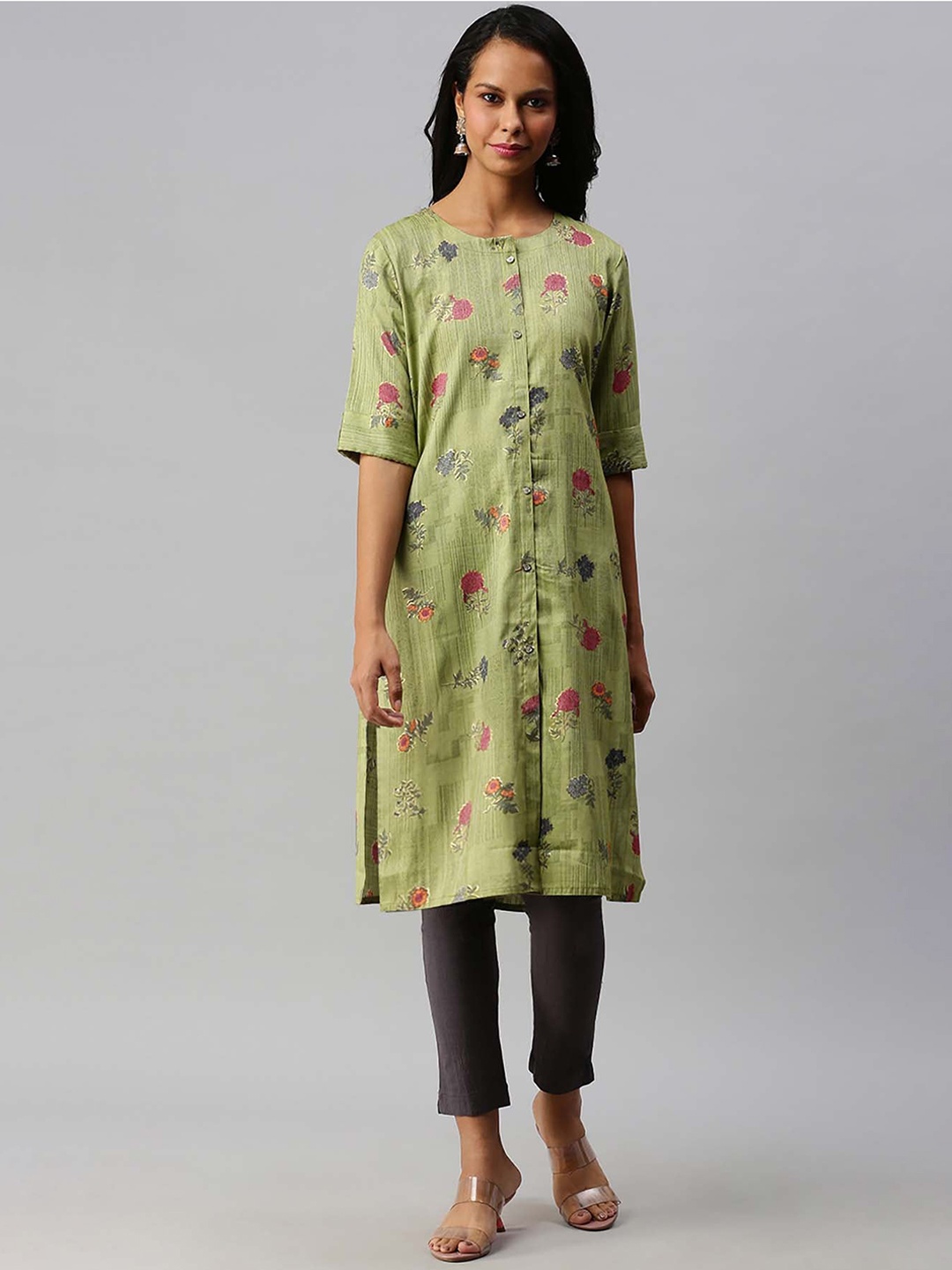 Soch Women Green & Pink Floral Printed Floral Cotton Kurta