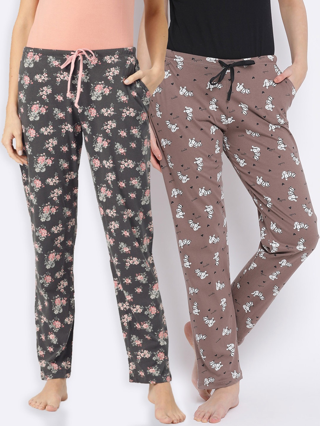 Kanvin Women Pack of 2 Printed Pure Cotton Lounge Pants, Brown