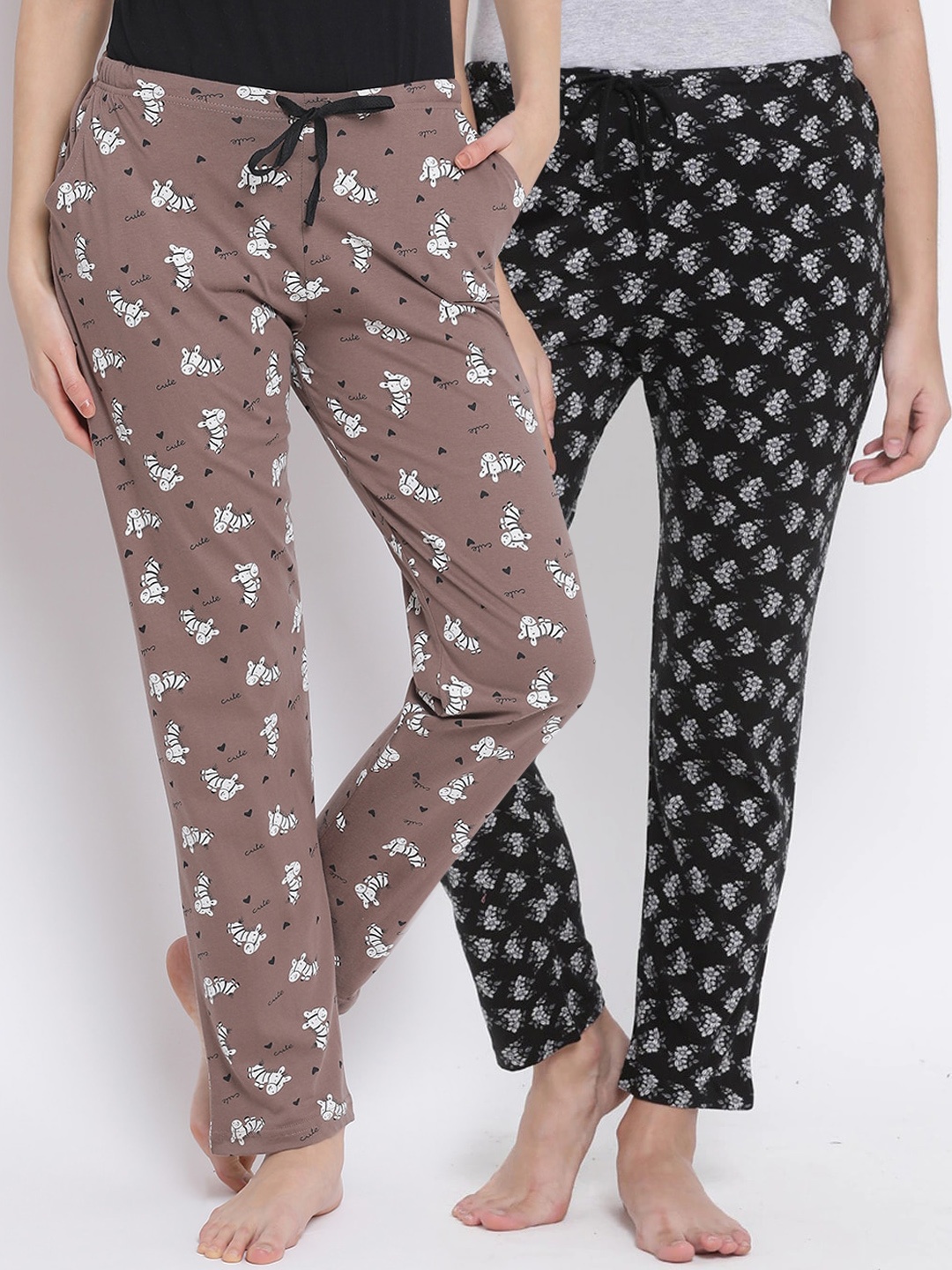 Kanvin Women Pack of 2 Printed Pure Cotton Lounge Pants, Brown
