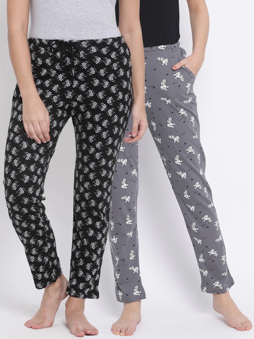 Kanvin Women Pack Of 2 Printed Pure Cotton Lounge Pants, Grey
