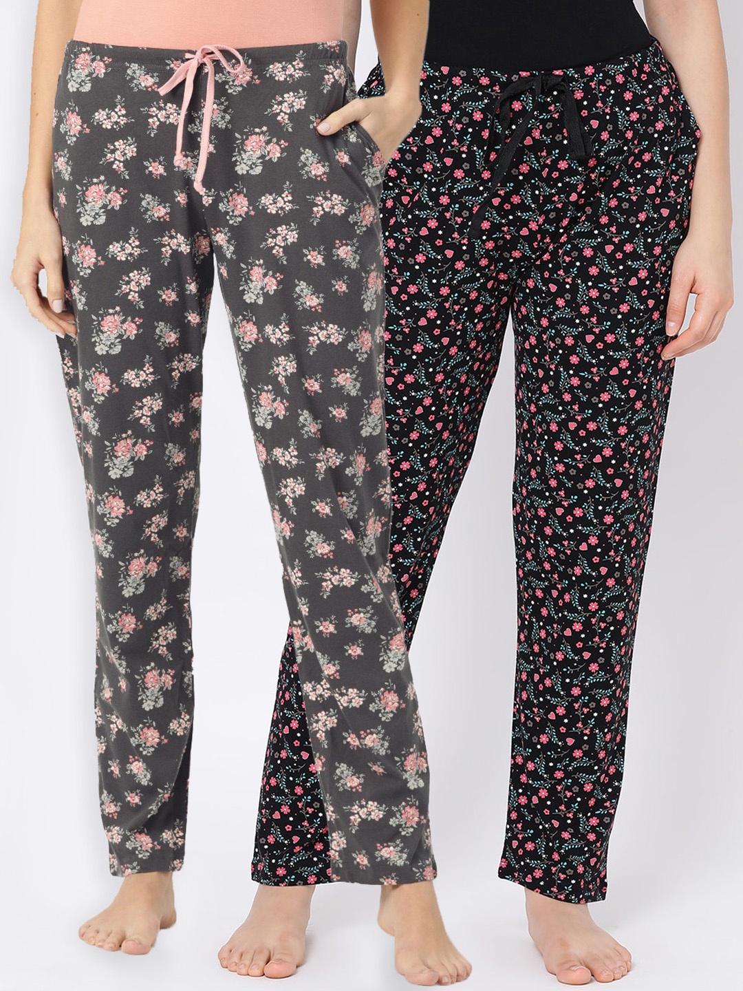 Kanvin Women Pack Of 2 Printed Pure Cotton Lounge Pants, Black