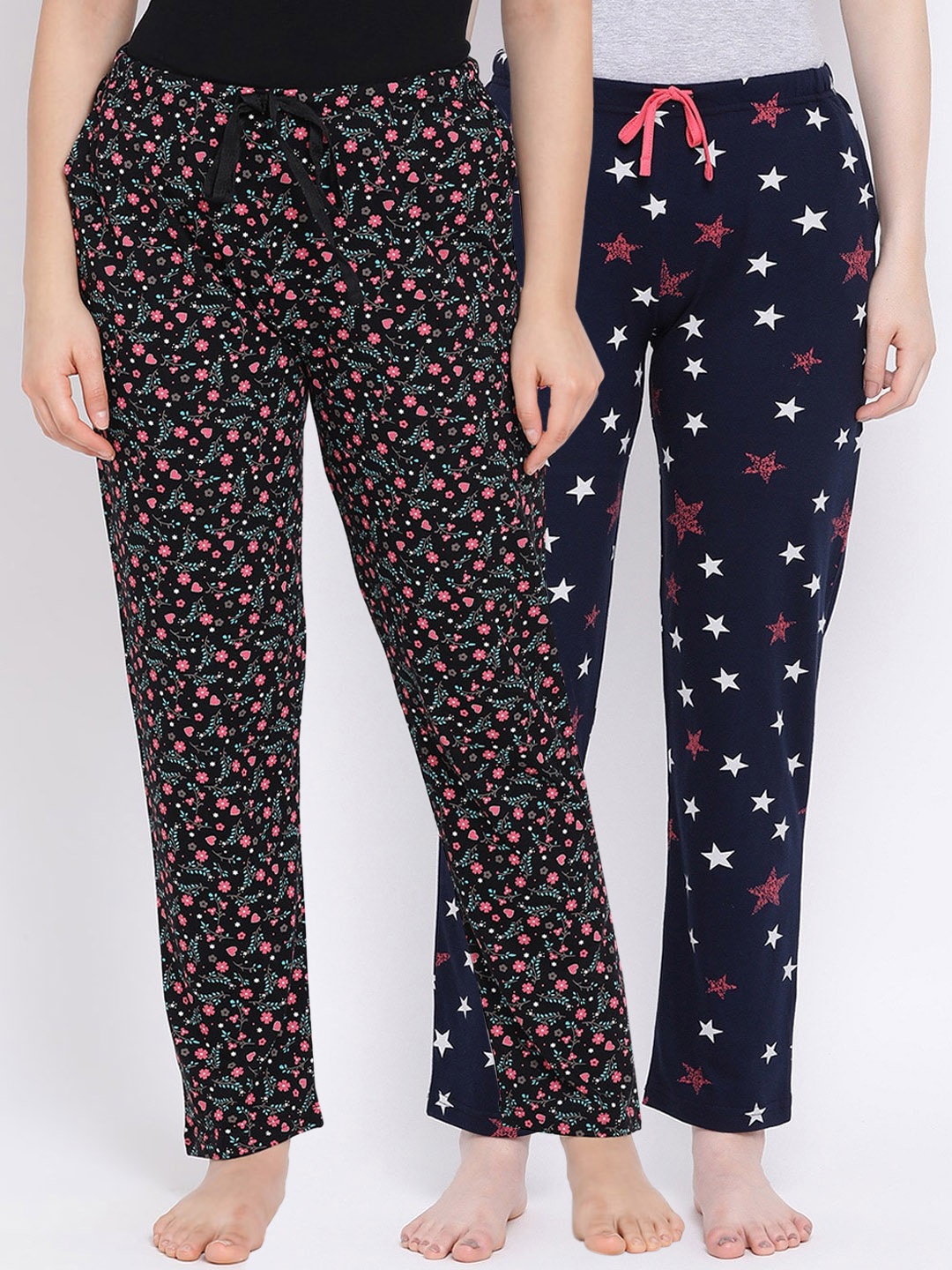 Kanvin Women Pack of 2 Printed Pure Cotton Lounge Pants, Black