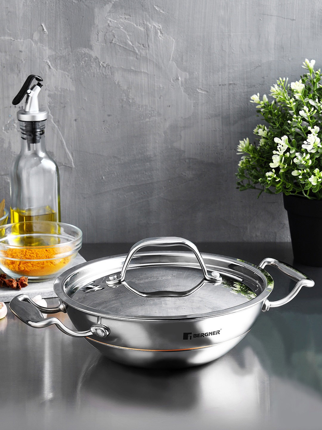 BERGNER Silver-Toned Stainless Steel Kadhai with Lid