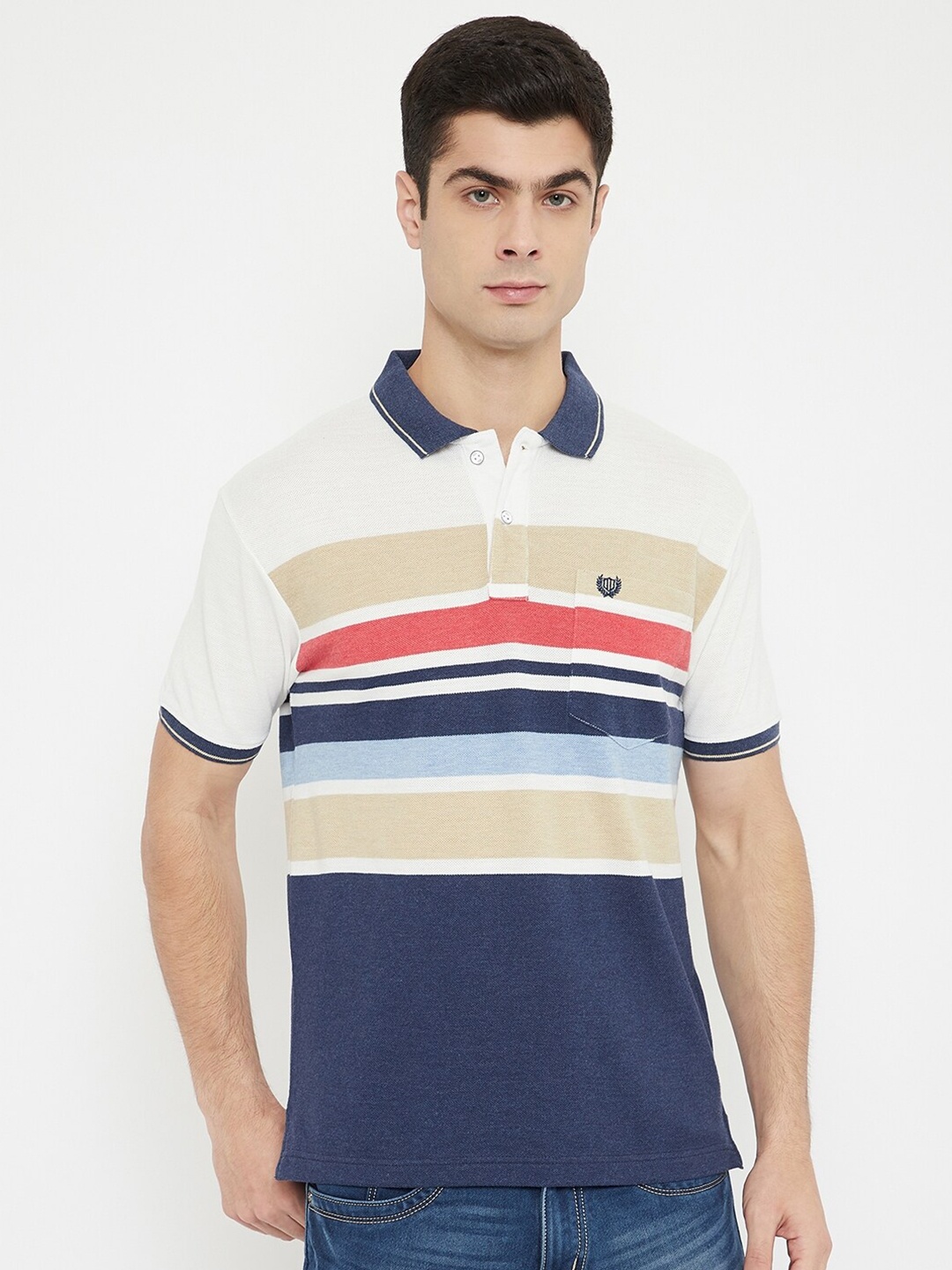 Duke Men Navy Blue & White Striped Cotton Polo Collar T-shirt