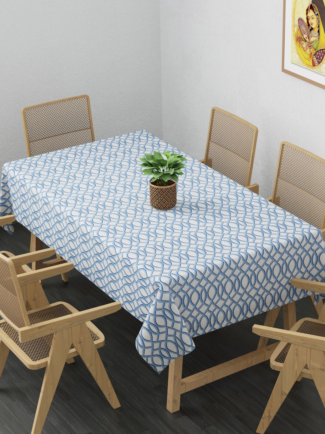 Clasiko Off-White & Blue Geometric Print Cotton 6 Seater Table Cloth