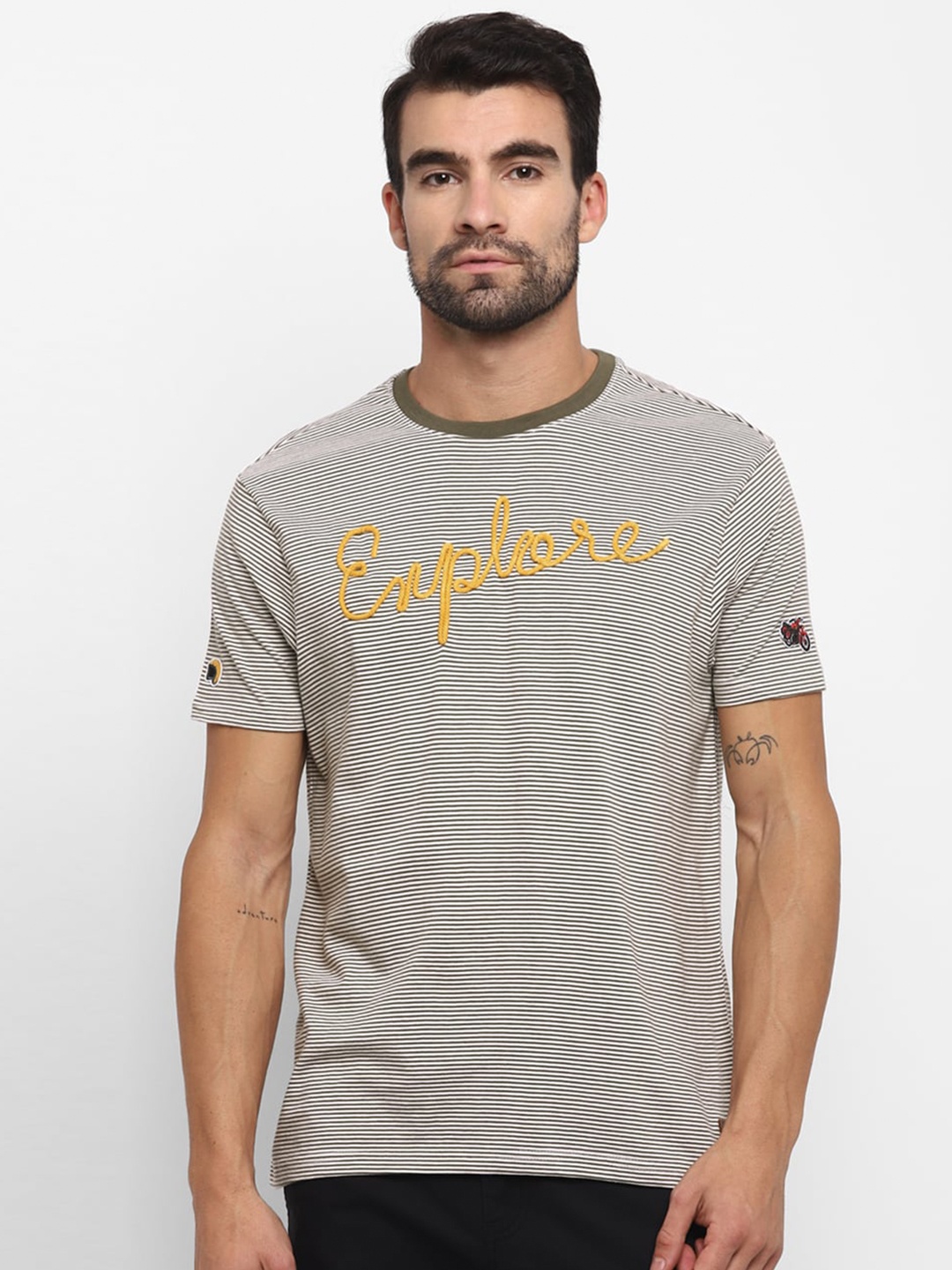 Royal Enfield Men Olive Green & White Striped Round Neck T-shirt