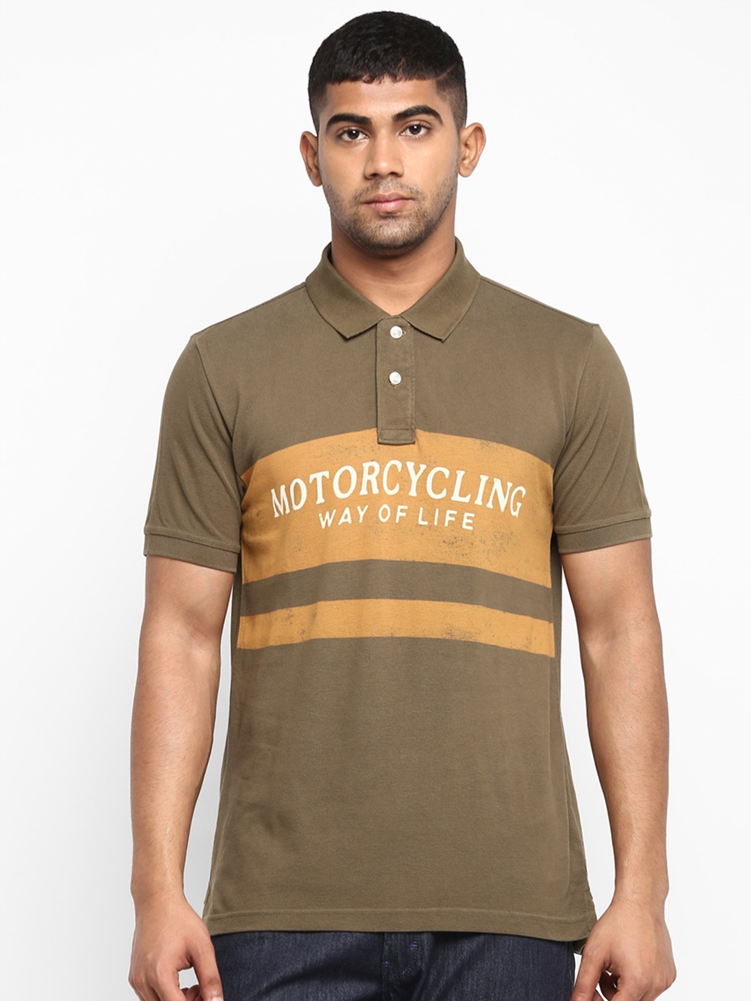 Royal Enfield Men Olive Green & Orange Colourblocked Polo Collar T-shirt