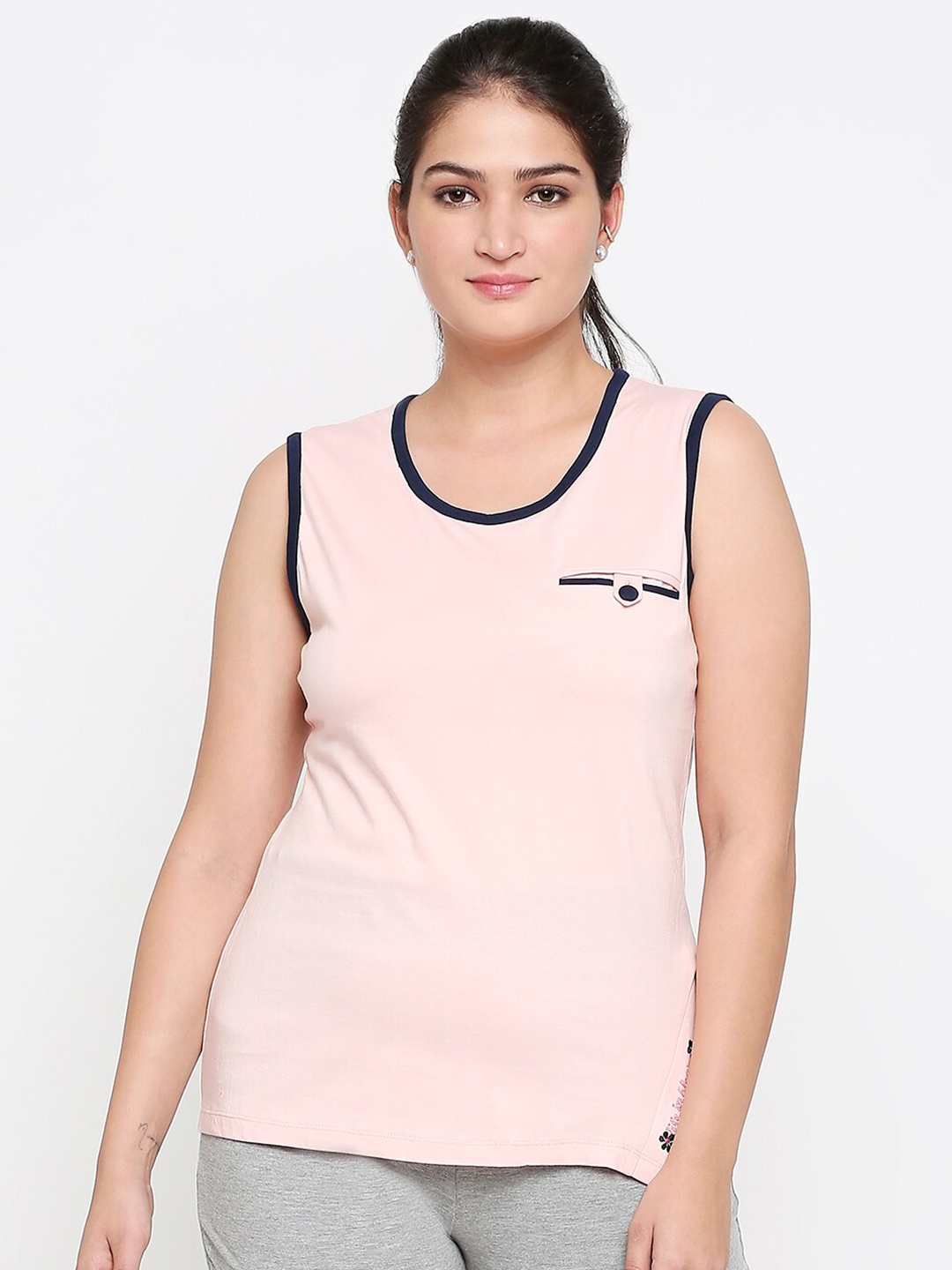XIN Women Pink Solid Round Neck Cotton T-shirt