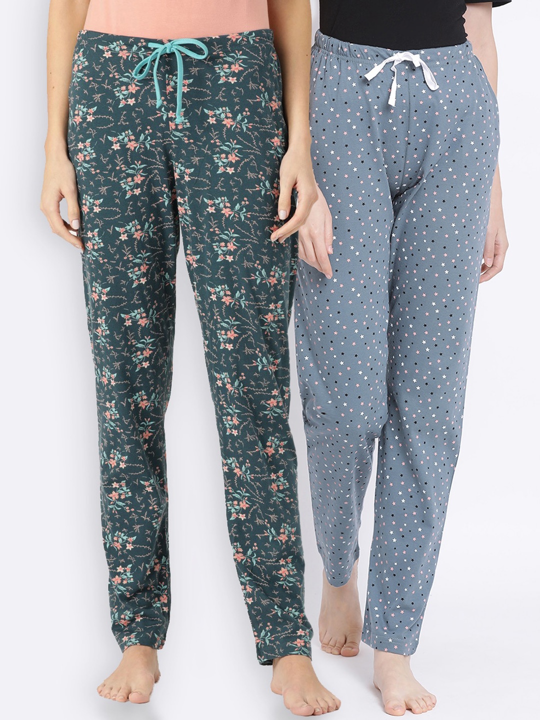 Kanvin Women Pack of 2 Printed Pure Cotton Lounge Pants, Grey