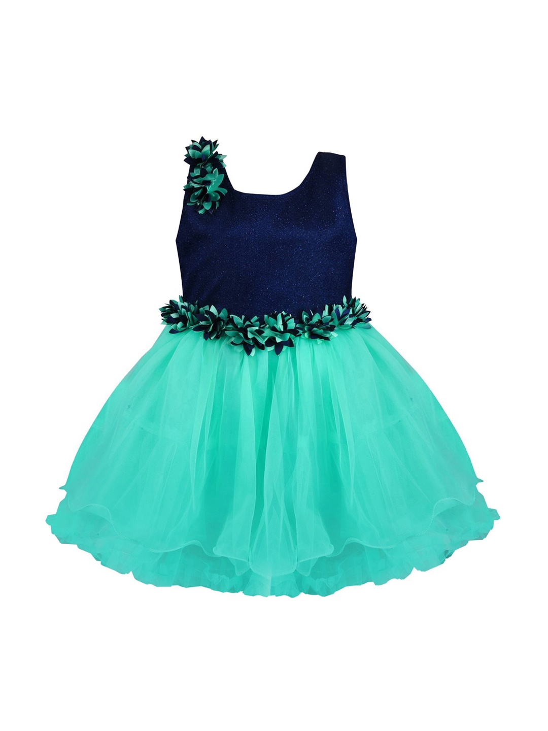 Wish Karo Blue & Green Floral Net Dress