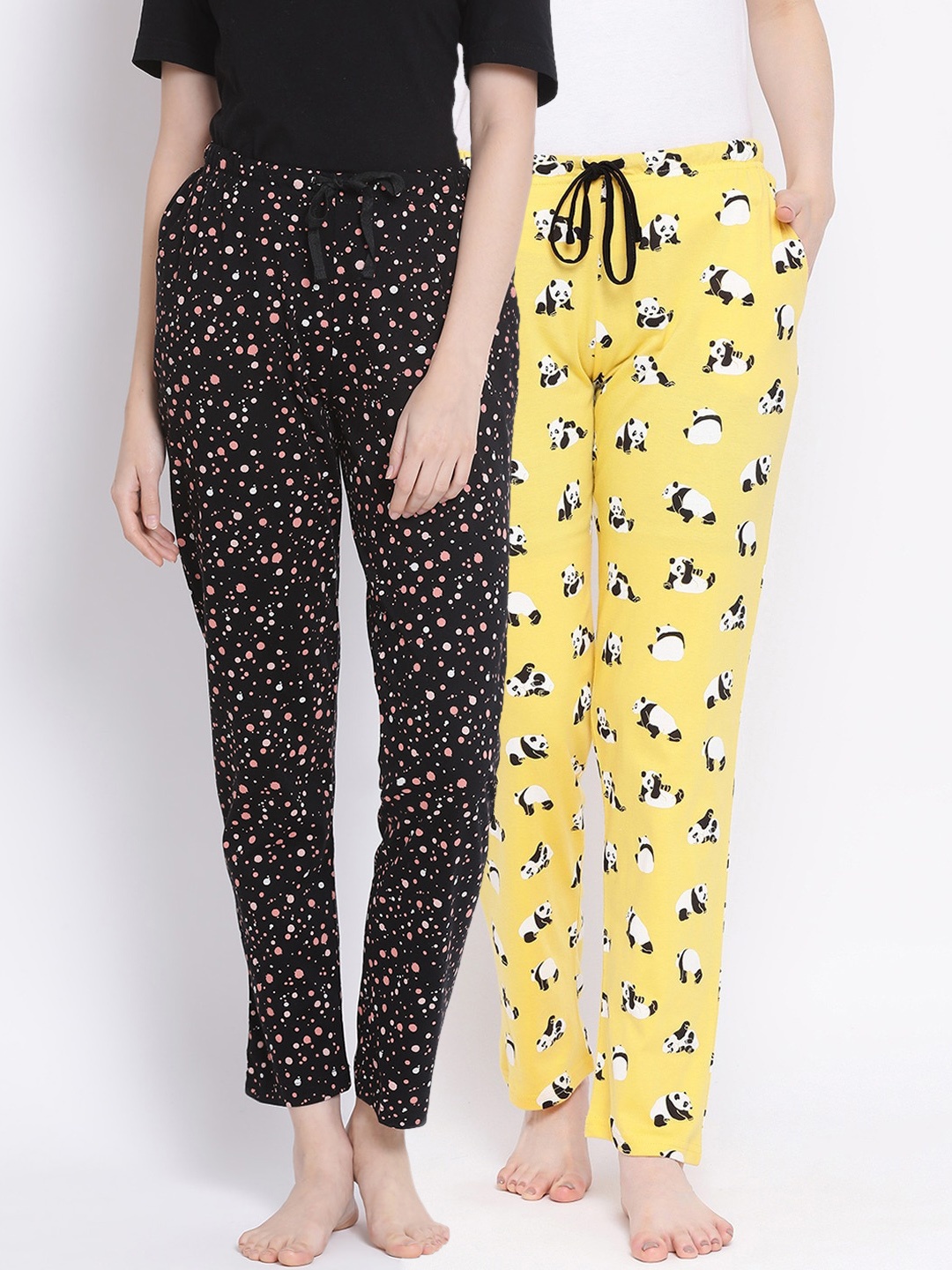 Kanvin Women Pack of 2 Printed Pure Cotton Lounge Pants, Black