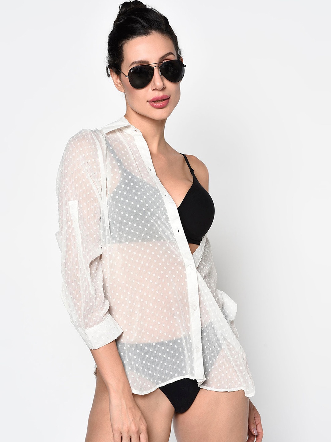 Da Intimo Women White Solid Dobby Weave Swimwear Cover Up Shirt Dress