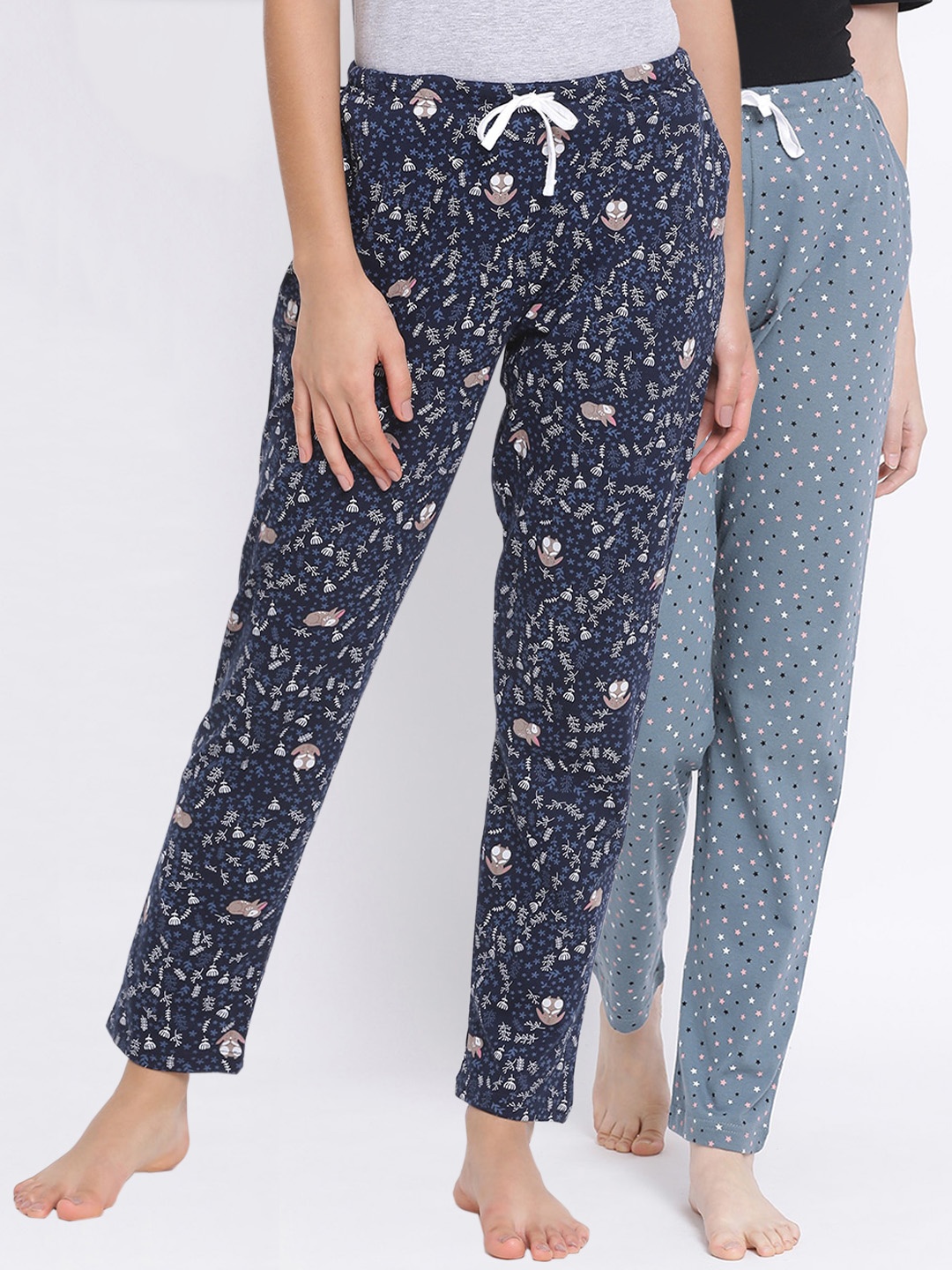 Kanvin Women Pack of 2 Printed Pure Cotton Lounge Pants, Grey