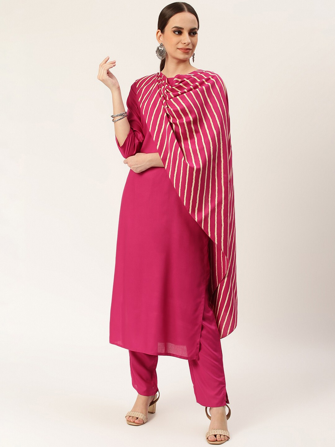 Rustorange Women Pink Solid Straight Kurta with Cigarette Trousers & Dupatta