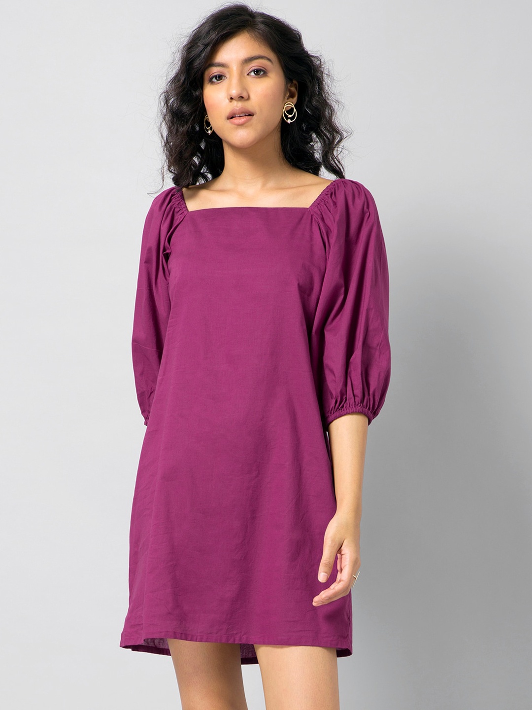 FabAlley Women Pink Solid Puff Sleeves Square neck Back Ties A-Line Dress
