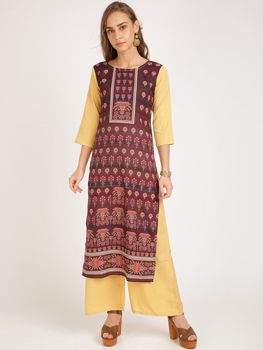 Florence Women Brown & Yellow Ethnic Motifs Printed Regular Straight Kurta with Palazzos
Florence Women Brown & Yellow Ethnic Motifs Printed Regular Straight Kurta with Palazzos