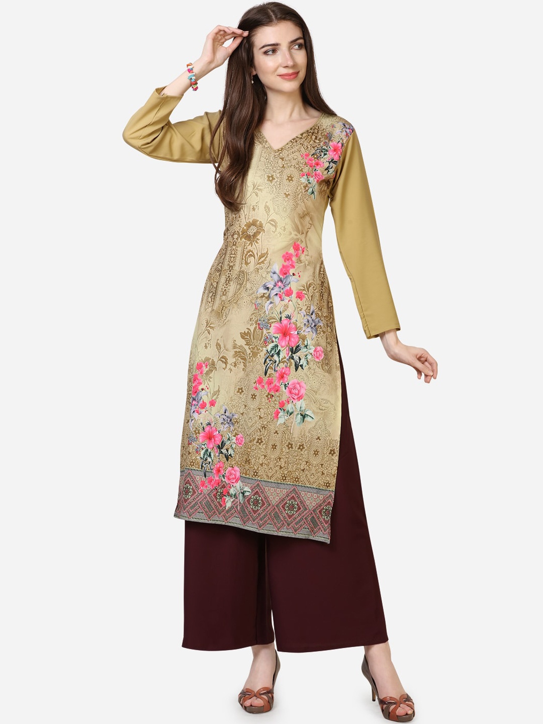 Florence Women Beige Floral Printed Regular Straight Kurta & Palazzos